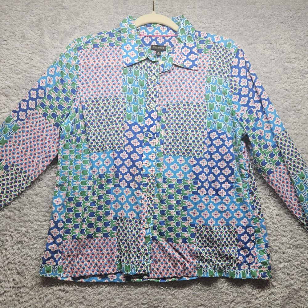 Talbots Colorful Patchwork Button Up Shirt Size Medium Cotton Lightweight Floral